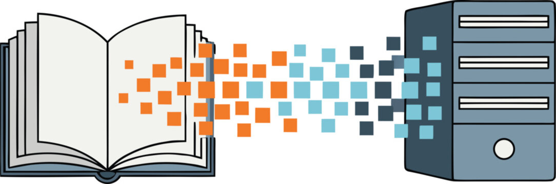 A book from which pixels flow out and flow into the server. The concept of knowledge theft by a neural network, illegal AI training in literature, and copyright infringement.