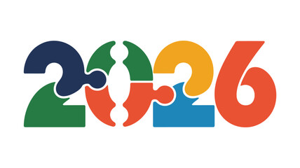Colorful puzzle pieces forming the year 2026, representing teamwork, connection, and future planning
