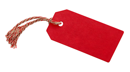 Red Christmas tag with string hole for labeling gifts isolated on white background