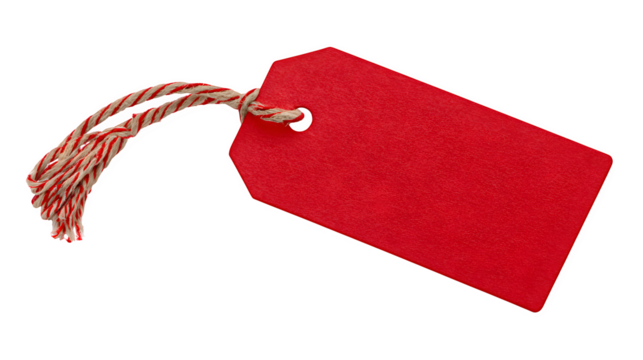 Red Christmas tag with string hole for labeling gifts isolated on white background