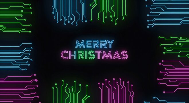 MERRY CHRISTMAS Neon Glowing Text with Digital Circuit Board Pattern on Black Background - Powered by Adobe