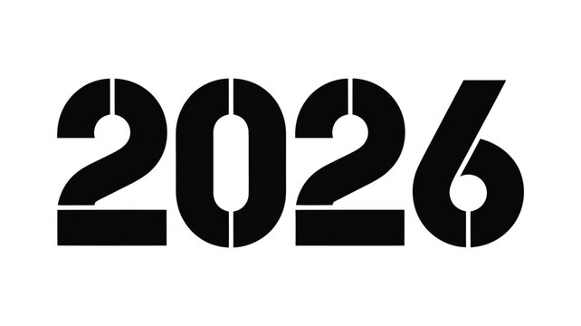 Bold stencil style black number 2026 typography design, representing the upcoming year
