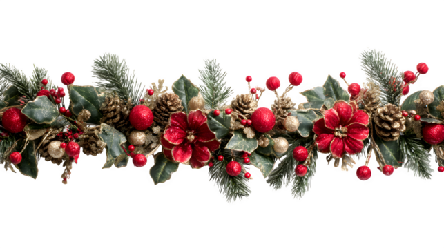 Red and gold Christmas garland with pinecones and holly berries isolated on white background