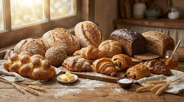 An abundant assortment of freshly baked artisanal bread, croissants, and pastries on a rustic wooden table - Powered by Adobe