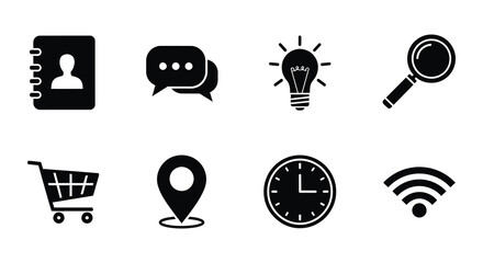 Collection of black and white time travel and calendar related icons