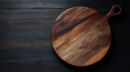 clean wooden cutting board, circular shape, dark background, detailed wood grain
