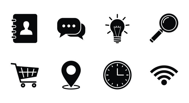 Collection of black and white time travel and calendar related icons