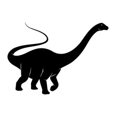Silhouette of a sauropod dinosaur with a long neck and tail walking forward