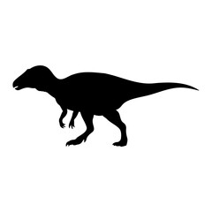 Black silhouette of a dinosaur with a long tail on a white background