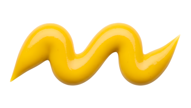 A vibrant yellow mustard squiggle, freshly squeezed and forming a playful wavy line, perfectly isolated on a transparent background, ready for use in various culinary and graphic design projects