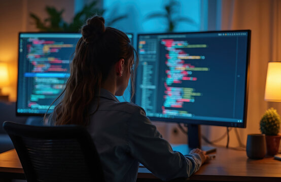 Young woman sits at desk, focused on two computer monitors displaying intricate code. Codes software, working late evening at home. Female developer busy with online tech project, programming network - Powered by Adobe