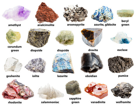 set of samples of rough rocks with names isolated