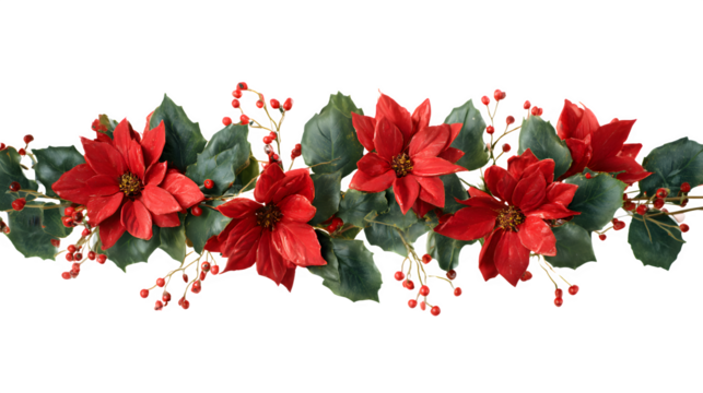 Red poinsettia flowers and holly leaves arranged in festive garland isolated on white background