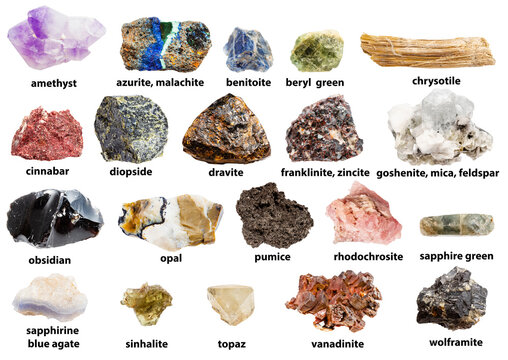 set of samples of unsut rocks with names isolated