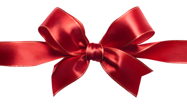 Red ribbon and bow tied in festive design isolated on white background