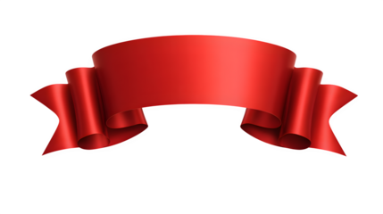 Red ribbon banner with curled ends and smooth texture isolated on white background