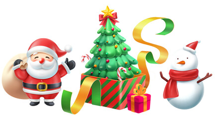 Cute 3D Christmas Illustration with Santa Claus, Snowman and Christmas Tree