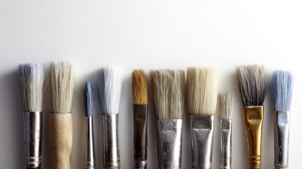 Fototapeta premium set of paint brushes, various sizes and shapes, used and dirty, art supplies, arranged in a row on white background