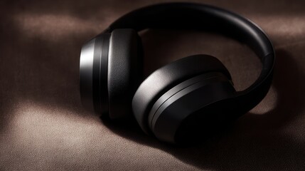 black contemporary wireless headphones, oversized soft ear pads, integrated buffer column speakers
