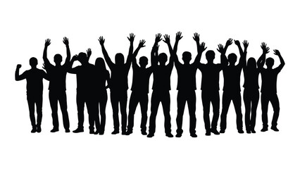 Silhouettes of cheering people with raised arms isolated on white background, Vector