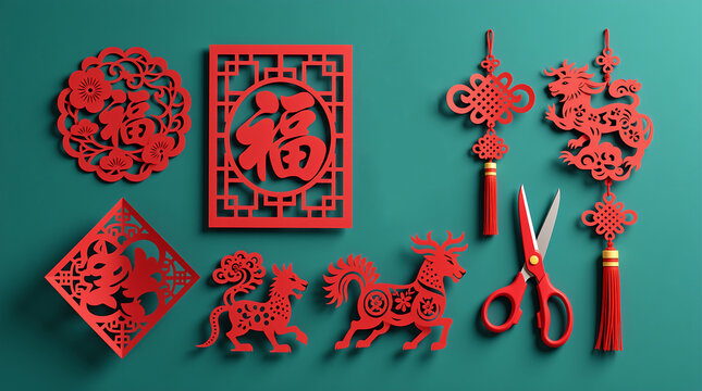 Red Chinese paper cuts and knots on green background, expressed joy or Used in festive scenes