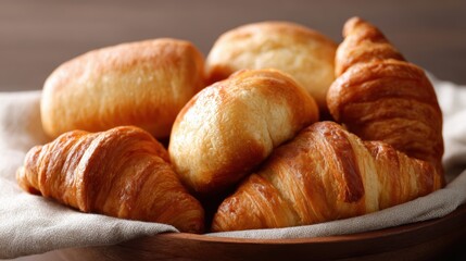 assorted croissants and rolls, golden baked, fresh and warm, delicious bakery presentation