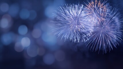 celebratory gold and blue fireworks with soft bokeh, abstract New Year holiday background, copy space