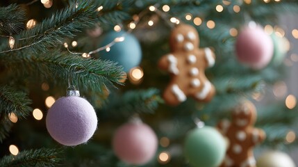 festive Christmas tree with colorful decorations, string lights, and gingerbread man ornaments, cheerful holiday vibe