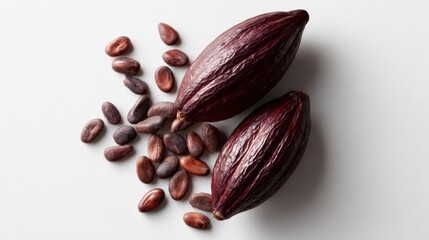 whole and halved cocoa pod surrounded by cocoa beans, minimal white background, sharp edges, product photography
