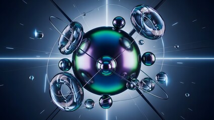 Abstract 3D sphere with orbiting metallic rings and small spheres on a dark background with light rays