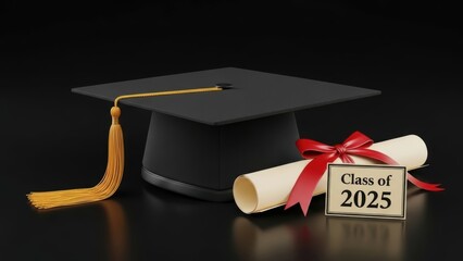 Academic graduation cap and diploma scroll with class of 2025 marker on a dark reflective surface