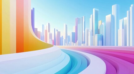 A vibrant city skyline filled with colorful abstract waves that illustrate the urban energy and modernity of the city