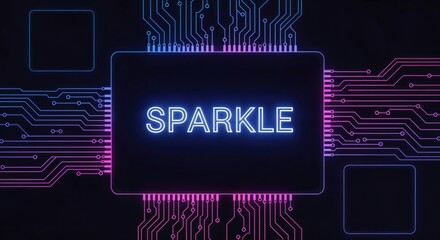 SPARKLE text glowing on a futuristic digital circuit board with vibrant neon blue and pink lines, representing technology and innovation.