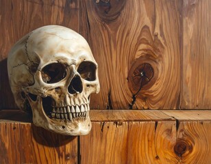 Eerie Skull on Wood Surface: A Macabre Still Life of Mortality and Decay