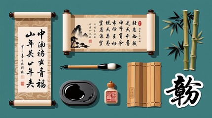 Traditional Chinese calligraphy tools with scrolls and bamboo, expressed elegance or Used in cultural scenes