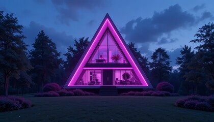 A modern triangular house illuminated with pink lights at dusk. Surrounded by trees and landscaped garden, it showcases contemporary architecture.