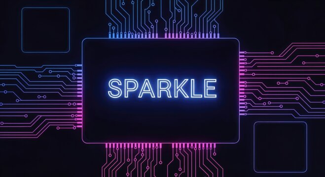 SPARKLE text glowing on a futuristic digital circuit board with vibrant neon blue and pink lines, representing technology and innovation.