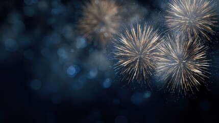 gold and blue fireworks with bokeh, New Year is Eve celebration, abstract holiday background, copy space