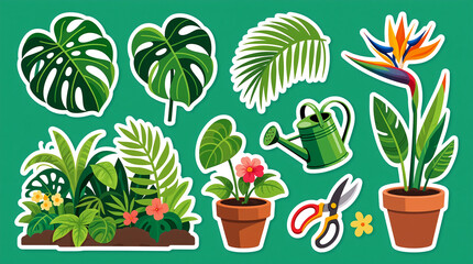 Tropical plants and gardening tools on green background, used for garden design or nature themes.