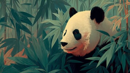 Stylized panda bear vector sitting among bamboo calm balanced wildlife composition soft green tone flat vector design