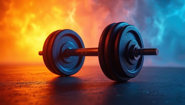 Heavy dumbbell rests on dark floor. Fiery orange and cool blue light illuminate weightlifting equipment. Strength training tool promotes healthy lifestyle and intense gym workout.
