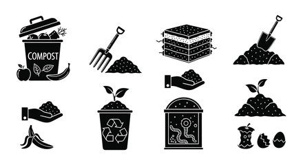 Soil composition plant growth and analysis icons in a black silhouette style © MdNirob
