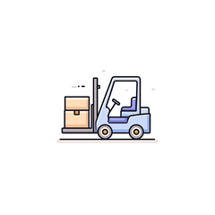 Naklejka premium A blue forklift transporting a cardboard box in a warehouse, symbolizing logistics and efficient inventory management.