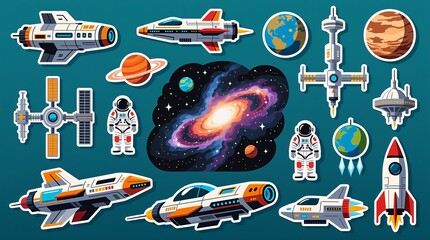 Space exploration theme with rockets, astronauts, and planets, used for sci-fi designs or educational materials.