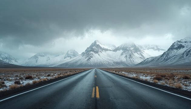 An empty road leads toward snow-covered mountains under dramatic cloudy sky. Asphalt road passes dry grass plain. Scenic travel route through winter mountain landscape. - Powered by Adobe