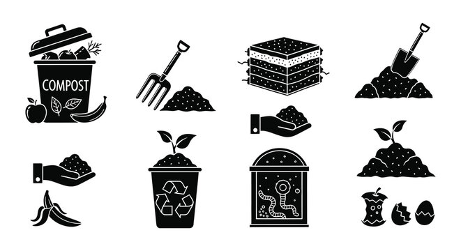 Soil composition plant growth and analysis icons in a black silhouette style