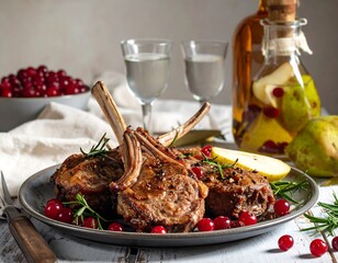Elegant lamb chops with cranberries and pears, accompanied by fine drinks