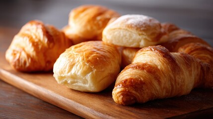 assorted croissants and rolls, golden baked, fresh and warm, delicious bakery presentation