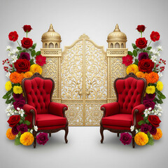 Two Red Armchairs Before a Golden Ornate Gate with Flower Garlands furniture golden gate isolated on a transparent background