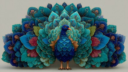 Stylized peacock vector displaying feather bright royal colors ornamental wildlife art balanced symmetrical layout